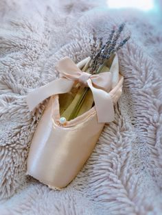 a ballet shoe with a flower in it on a blanket