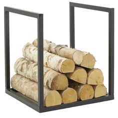 a stack of logs sitting inside of a metal holder