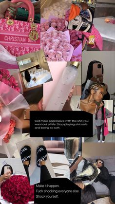 a collage of photos with pink flowers and other things on it, including shoes