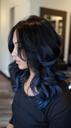 23 Gorgeous Blue Highlights Hairstyles To Transform Your Look Ombre Hair Colors Ideas, Long Hair Dye Ideas Coloring, Dark Brown Hair With Peekaboo Color, Navy Blue Highlights In Brown Hair, Blue Tip Hair, Midnight Blue Hair Ombre, Elegant Hair Color Ideas, Blue Layered Hair, Blue Highlights In Black Hair