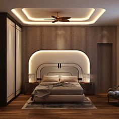 a bedroom with a ceiling fan and lights on the ceiling above the bed, along with a large area rug