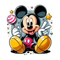 mickey mouse holding a lollipop in his hand and smiling at the camera with stars around