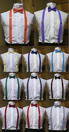 several different types of bow ties on mannequin's torsos, all in different colors