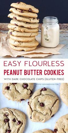 chocolate chip cookies are stacked on top of each other with the words easy flourless peanut butter cookies