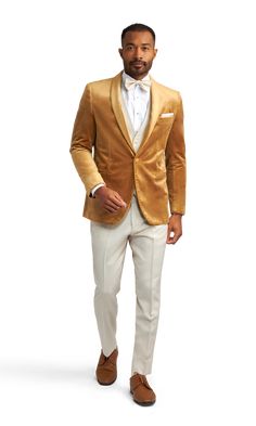 A slim gold velvet tuxedo coat with one button and a shawl lapel. Tuxedo Coat, Suit Tuxedo, Gray Wool Coat, Velvet Shawl, Gold Jacket, Suits Men, Tuxedo Pants, Tan Pants, Velvet Coat