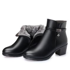 Soft Leather High Heels Zipper Warm Fur Winter Ankle Boots Fur Winter Boots, Thick Heel Boots, Boots High Heels, Flat Heel Boots, Low Heel Boots, Women Ankle Boots, Boots Patterns, Winter Ankle Boots, Black Heel Boots