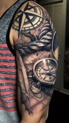 a man's arm with a clock and compass tattoo on it