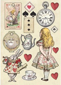 a drawing of alice and the white rabbit in wonderland with cards, teapots, clock