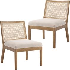 a pair of wooden chairs with beige upholstered cushions