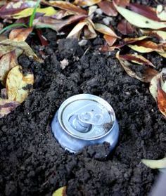 an empty soda can sitting in the dirt