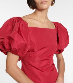 Ruffled Taffeta Midi Dress in Red - Polo Ralph Lauren | Mytheresa Taffeta Dresses With Gathered Sleeves, Taffeta Evening Dress With Puff Sleeves, Evening Taffeta Dress With Puff Sleeves, Voluminous Ruched Puff Sleeve Party Dress, Voluminous Ruched Puff Sleeve Dress For Party, Voluminous Taffeta Formal Dress, Voluminous Taffeta Dress For Formal Occasions, Voluminous Puff Sleeve Knee-length Evening Dress, Voluminous Puff Sleeve Knee-length Dress For Evening