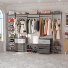 an organized closet with clothes and shoes