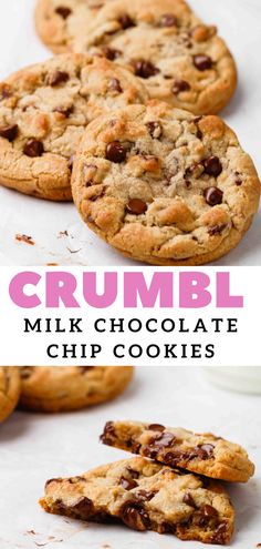 chocolate chip cookies are stacked on top of each other with the words crumbl milk chocolate chip cookies