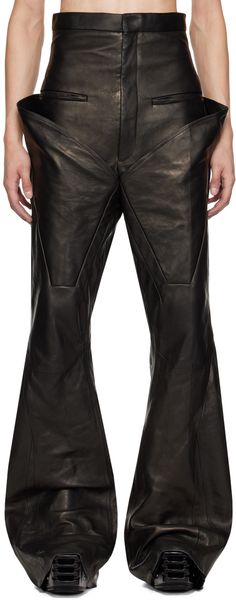 Slim-fit bootcut vegetable-tanned waxed grained lambskin pants. · Layered paneled construction · High-rise · Four-pocket styling · Zip-fly · Full cupro satin lining · Horn hardware Supplier color: Black Armor Pants, Rick Owens Pants, Black Trousers Casual, Mens Leather Pants, Fits Clothes, Black Oil, Tapered Trousers, Fashion 2024, Clothing Inspiration