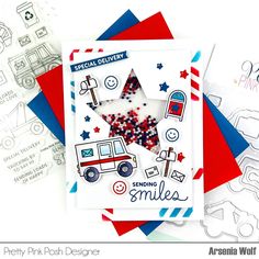 a card with an image of a firetruck on it and some red white and blue envelopes