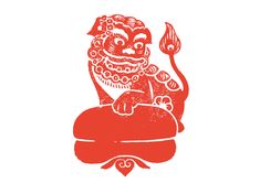 a red and white drawing of a demon holding a fish