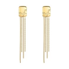 These earrings feature a sleek rectangular pattern and are crafted from 18K gold-plated stainless steel, giving them a sophisticated and durable finish. The long tassel drop design adds a touch of elegance and movement, making them a stylish choice for both formal and casual occasions. The combination of gold plating and stainless steel ensures they maintain their luster and resist tarnishing over time. Long Diamond Earrings, Tassel Earing, Diamond Earrings Design, Earrings Chain, Tassel Earring, Drop Design, Illustration Fashion Design, Gold Line, Tag Design