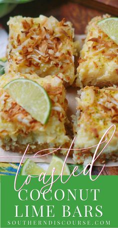 coconut lime bars on a plate with text overlay