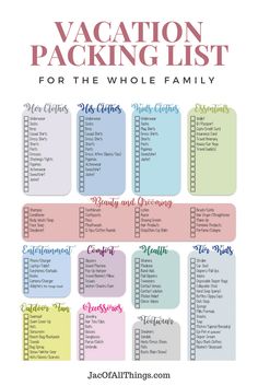 the vacation packing list for the whole family is shown in this printable version, which includes