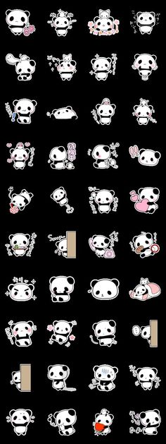 an image of pandas face expressions in different styles and colors, including black and white