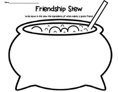 a black and white image of a pot with a straw in it that says, friends stew