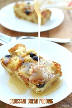 a close up of a plate of bread pudding