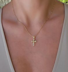 Crystal decor cross pendant necklace. Wear it on it's own or layer it. Pendant details: * Material: non tarnish gold filled, cubic zircon* Measurements: 0.9'H 0.6'WChain: non tarnish gold filledComes in our gift ready packaging: vegan leather pouch for safe jewelry storing and branded box Cross Necklace Aesthetic, Cute Pendant Necklace, Confirmation Necklace, Tiny Cross Necklace, Necklace Aesthetic, Pendant Minimalist, Tiny Cross, Necklace Cross, Jewelry Words