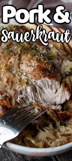 pork and sauerkraut casserole on a plate with a fork