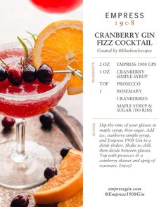 an advertisement for the cranberry gin fizz cocktail