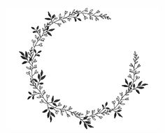 a black and white drawing of a wreath with leaves on it's sides, in the shape of a circle