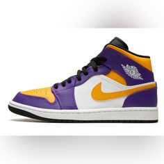 Brand New, Never Worn Nike Air Jordan 1 Mis “Lakers” Shoe. Color Is Dark Concord/Taxi-White/Black. Mens Size 8/Womens Size 9.5 White Taxi, Lakers Colors, Yellow Shoes, Air Jordan 1 Mid, Nike Air Jordan, Jordan 1, Shoe Brands, Nike Men, Nike Shoes