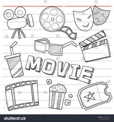 movie doodles on lined paper with movies symbols and clapsticks stock photo royalty