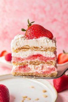 a slice of strawberry cake on a fork