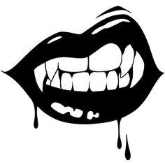 a black and white drawing of a mouth with dripping blood on it's side