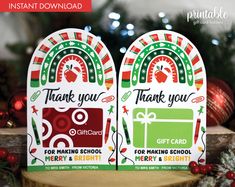 two christmas gift tags with the words, thank you and gifts for making school merry and bright