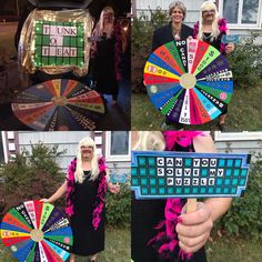 two women in costumes holding up colorful wheel of fortune signs