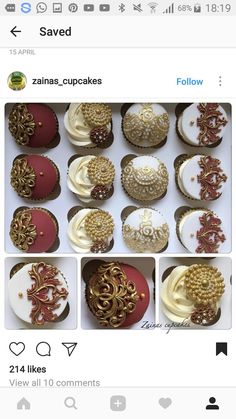 some cupcakes that are decorated in gold and red