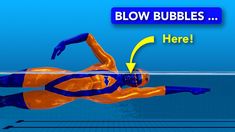 a woman in an orange and blue swim suit floating on her stomach with the words blow bubbles here