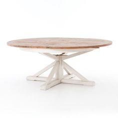 a white table with a wooden top and cross leg legs, on a white background