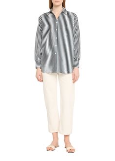 Find FRAME Oversized Stripe Pocket Shirt on Editorialist. FRAME cotton shirt featuring a stripe motif Point collar Dropped shoulders Long sleeves with button cuffs Chest pocket Oversized fit Rounded hem Buttonfront Cotton Imported Classic Relaxed Fit Blouse With Vertical Stripes, Classic Blouse With Vertical Stripes And Relaxed Fit, Oversized Vertical Stripes Blouse For Work, Workwear Shirt With Striped Collar And Shirttail Hem, Work Shirt With Striped Collar And Shirttail Hem, Casual Vertical Stripes Workwear Blouse, Relaxed Fit Shirt With Striped Collar For Workwear, Striped Blouse With Button Cuffs And Relaxed Fit, Striped Tops With Button Cuffs And Relaxed Fit