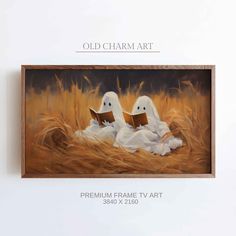 an oil painting of two white birds reading a book