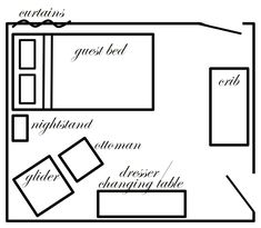 a drawing of a bedroom with the bed and other furniture labeled in black ink on white paper