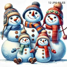 a group of snowmen standing next to each other