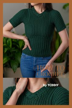 the woman is wearing a green knitted sweater and has her hands on her hips