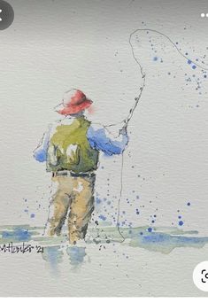 a watercolor painting of a man fishing