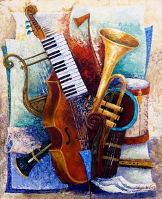 an abstract painting of musical instruments