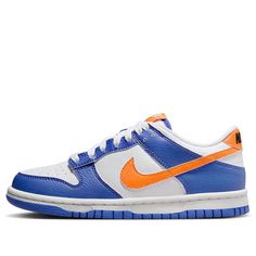 (GS) Nike Dunk Low 'Knicks' FN7783-400 Nike Casual Team-colored Sneakers, Nike Casual Basketball Shoes For Sports Season, Sporty Nike Team-colored Sneakers, Throwback Blue Basketball Shoes For Streetwear, Casual Nike Basketball Shoes, Nike Blue Throwback Sneakers, Blue Sneakers For Streetwear During Sports Season, Blue Low-top Basketball Shoes, Blue Low-top Basketball Shoes For Sports Season