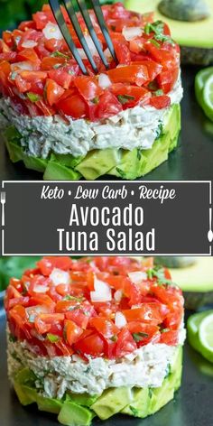 avocado tuna salad on a plate with a fork in it and an image of the