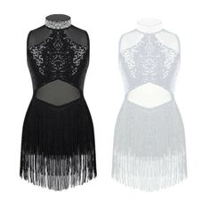 two dresses with black and white fringes, one is cut out to show the back