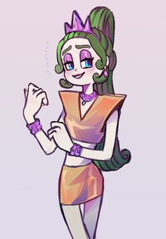 a drawing of a girl with green hair wearing a crown and holding a paper in her hand